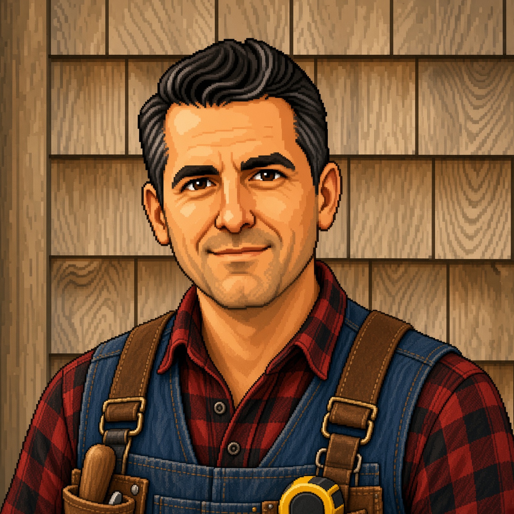 Pixel-art portrait of Michael Vance in a red flannel shirt and denim overalls with a tape measure on his belt, in front of cedar shingles.